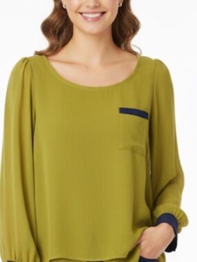 Mind Code Chic Olive Green Blouse with Navy Accents